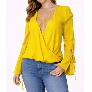 Cotton Candy yellow wrap flutter sleeve blouse SZ SM